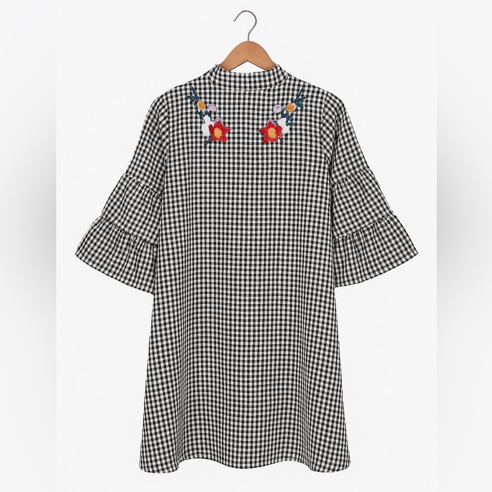 Boohoo Gingham Embroidered Ruffle Sleeve Cottagecore Festival Mini Dress XS/4